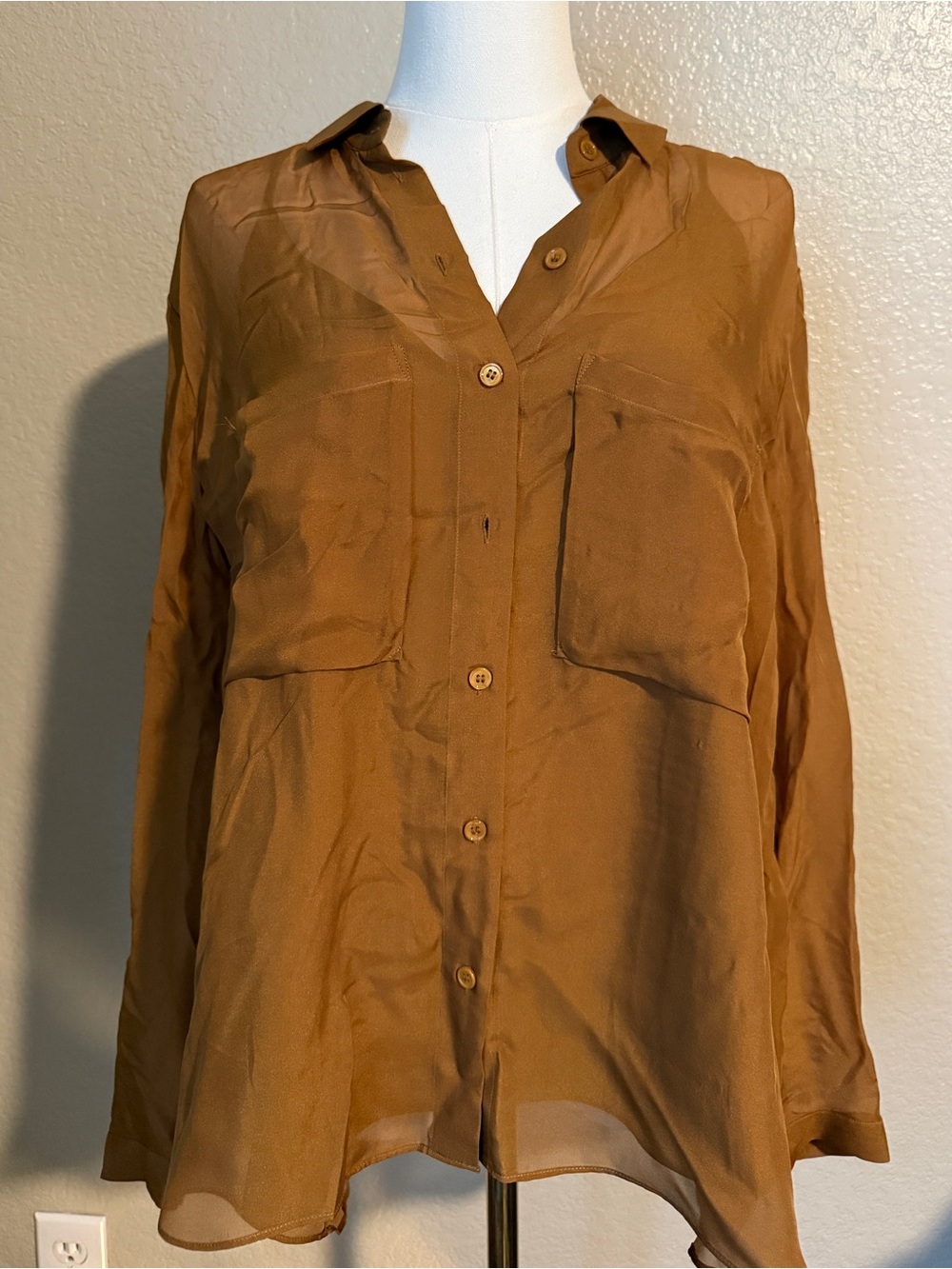 Massimo Dutti Brown Long-Sleeve Sheer Button-Down Shirt 100 percent Silk